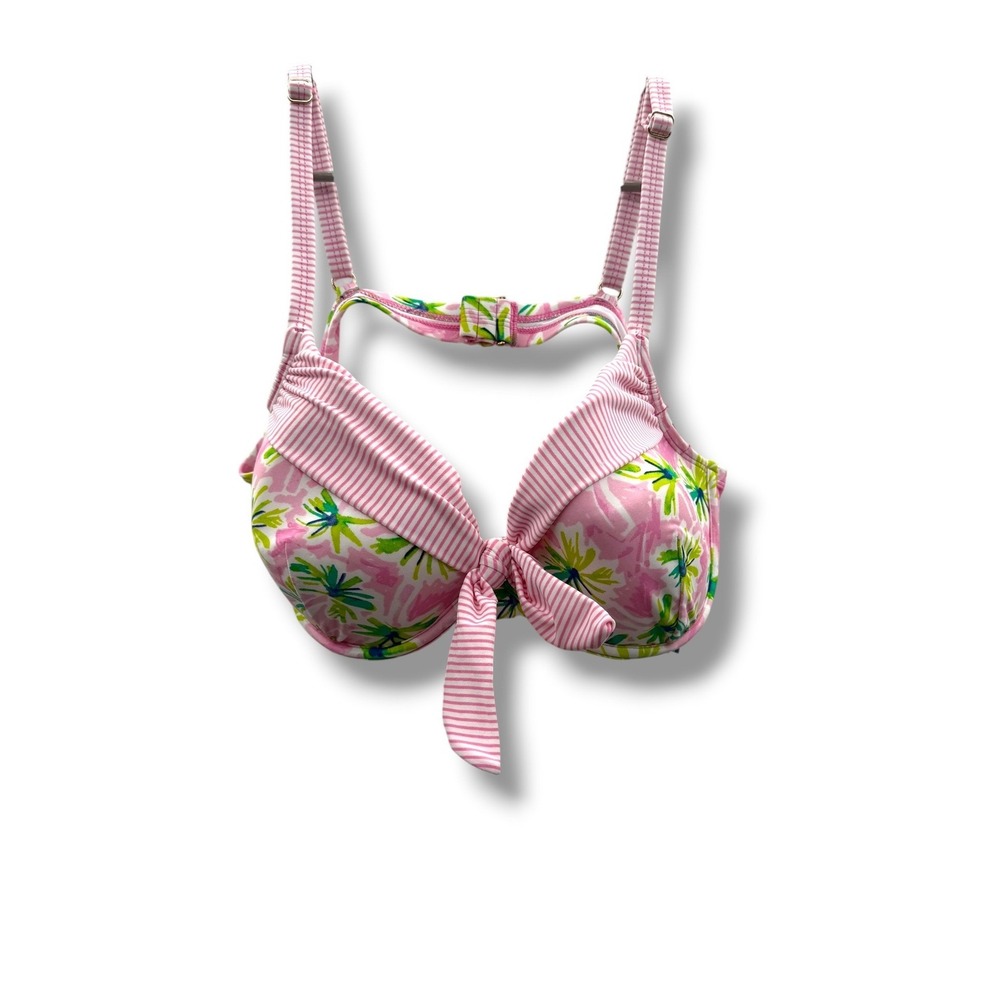 Crown & Ivy Bikini Top Womens‎ XL Pink Floral Striped Underwire Front Tie NEW
